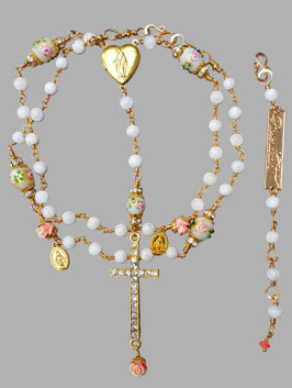 *A SECRET GARDEN OF VENICE* Gesegnete Rosenkranz- Halskette mit Mondstein, antiken, venezianischen Muranoglasperlen (victorian wedding cake beads) & Röschen aus Engelskoralle, vergoldet