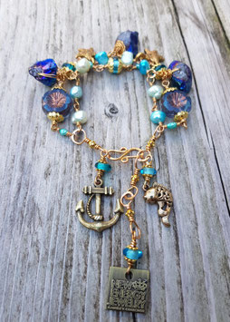 Märchen-Armband *MERMAID* kobaltblau- türkisfarben, mit Bergkristall, Perlen, Seesternchen & Anker