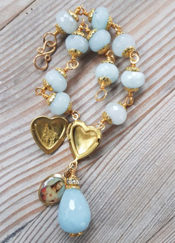 Hand-Rosenkranz *Himmlischer Mariensegen*, 10-er Rosenkranz aus Jade, vergoldet mit Marienmedaillon und Herz-Jesu-Plakette aus Fatima