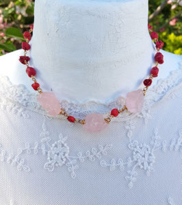 Collier mit Rosenquarz & rotem Türkis