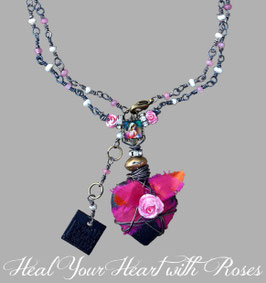 *BLACKHEART ROSENHERZ PINK* Magische Herzkette mit Röschen, Marienbild, Achat & Süßwasserperlchen
