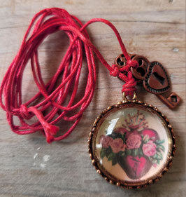 *THE KEY TO MY HEART* Glascabochon-Anhänger roségold-kupfer/rot, an gewachster Baumwollkordel mit Schloss & Schlüssel, Motiv: SACRED ROSE HEART