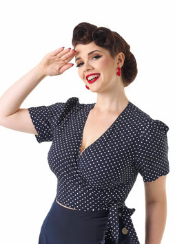 Pretty 40s Pinup Wrap Top - Navy Polka