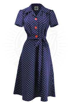 Pretty 40s Style Shirt Dress, Navy Polka Dot