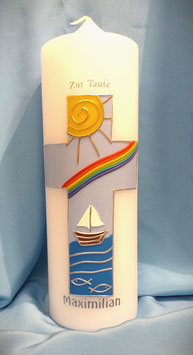 Taufkerze breites Kreuz mit Regenbogen und Schiff