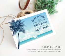 Palm tree save the date postcards