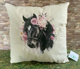 Kleines Kissen schwarzes Pferd rosa Blumen
