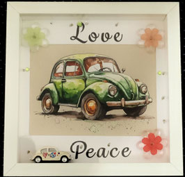 3D Bilderrahmen Diorama Beetle (VW Käfer) von 1967 LOVE & PEACE mit Beleuchtung