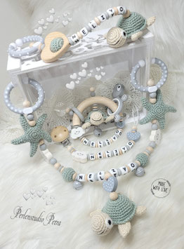 NEU!!! Kinderwagenkette Set "Kleine Häkelschildi" olivegrün