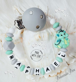 SILIKON Schnullerkette "Kleiner Drache" mint/grau