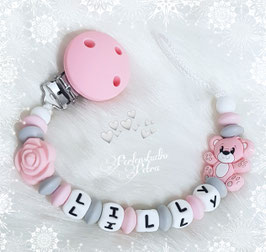 SILIKON Schnullerkette "Teddy LOVE" rose/grau