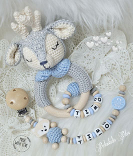 NEU!!! Häkelrasselgreifling & Schnullerkette "Kleines Bambi, it´s a boy"