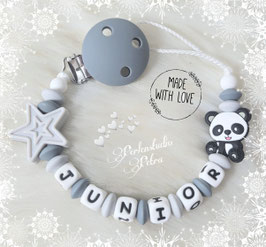 SILIKON Schnullerkette "Pandaboy" grau