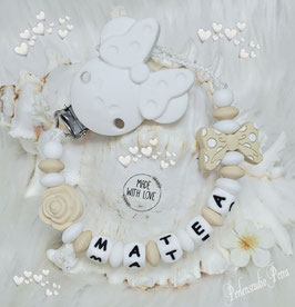 SILIKON Schnullerkette "Mausi deluxe" beige/white Motivclip Masche