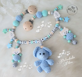 Kinderwagenkette " Baby Star " (Elefant, Herz, Schildkröte, Stern oder Hippo ) natur/blau/mint/grau