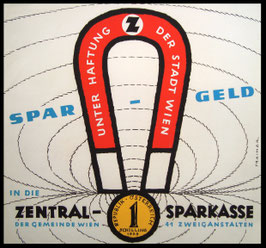 Vintage Poster (Heinz Traimer: Spar Geld unter Haftung der Gemeinde Wien) Original Siebdruck von 1959.