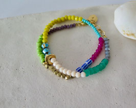 Bracelet réglable perles colorées, bleu-bronze-vert vif