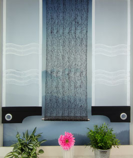 3-teilige moderne Scheibengardine, Gardine weiß / schwarz "Welle silber gestickt" Modell 100