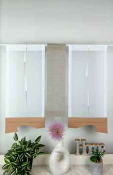 3-tlg. moderne Kurzgardine, Bistrogardine weiß / beige für schmälere Fenster Modell 77