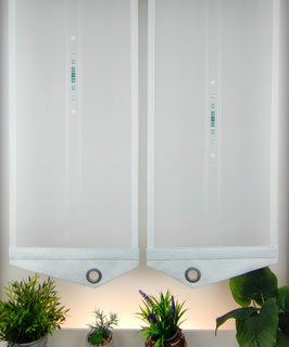 2-teilige moderne Scheibengardine, Gardine ecru / grün / petrol Modell 1