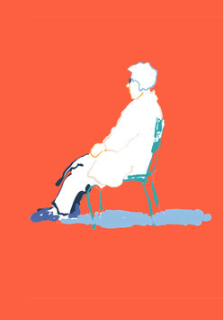 Sitting woman red background