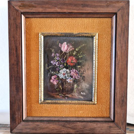Miniatura, natura morta, cesto con fiori.