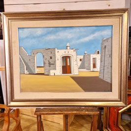 Quadro, Lampione, Olio su tela. Cornice argento mecca