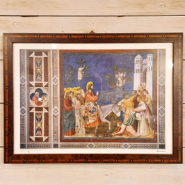Stampa di quadro di Giotto, cornice in radica intarsiata.