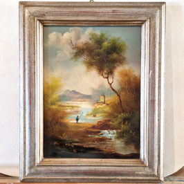 Paesaggio lacustre con pescatore. Olio su legno