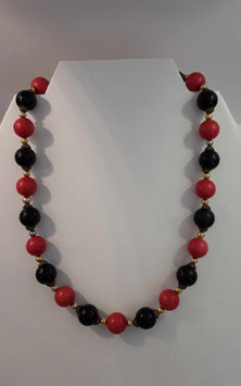 Collier vintage – boules noires, rouges & perles dorées