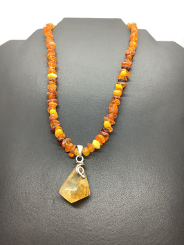 Collier ambre & quartz fumé – Argent 925
