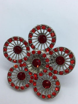 Bague fleur argentée avec strass rouges – ajustable
