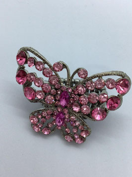 Bague papillon argentée avec strass roses – ajustable