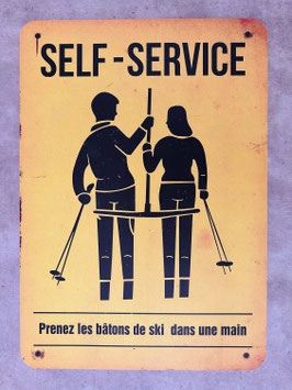 Panneau signalisation ski "self service Prenez les batons de ski dans une main"