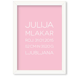 Individualizirana grafika ob rojstvu deklice, brez-serifni napis na barvnem ozadju "Julija"