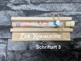 Geldgeschenk • Kommunion • Reagenzglas • Geschenkverpackung aus Holz • Eiche • Klötzchen