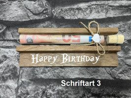 Geldgeschenk • Geburtstag • Reagenzglas • Geschenkverpackung aus Holz • Räuchereiche • Klötzchen