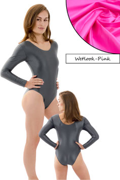 Damen Wetlook Body lange Ärmel Pink