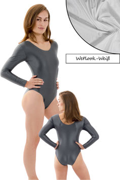 Damen Wetlook Body lange Ärmel Weiß