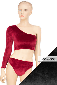 Damen Samt Top One-Shoulder asymmetrisch langer Ärmel + Damen Samt Slip schwarz