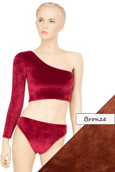 Damen Samt Top One-Shoulder asymmetrisch langer Ärmel + Damen Samt Slip bronze