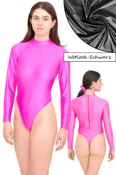 Damen Wetlook Stringbody lange Ärmel RRV schwarz