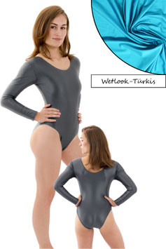 Damen Wetlook Body lange Ärmel Türkis