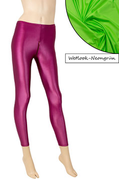Damen Wetlook Leggings mit Schritt-RV neongrün
