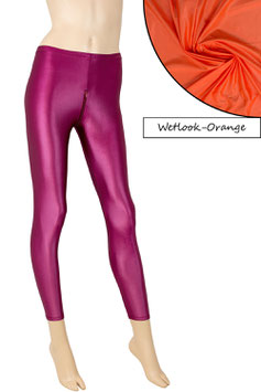 Damen Wetlook Leggings mit Schritt-RV orange