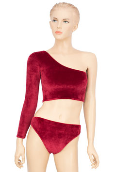 Damen Samt Top One-Shoulder asymmetrisch langer Ärmel + Damen Samt Slip dunkelrot
