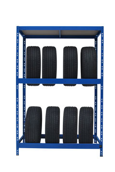 Reifenregal blau 110 cm für 8 Reifen mit oberer Ablage und Wandhalterung