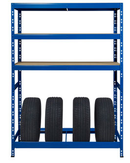 Robustes Reifenregal blau mit 3 Ebenen je 200 kg belastbar und für 4 Reifen
