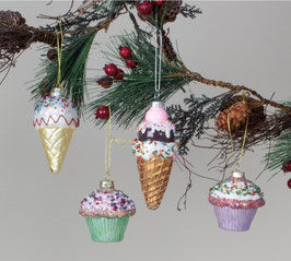 Set van 4 kersthangers kerstballen Ijsje en cupcake