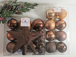 Set Kerstballen Bruin diverse soorten en maten met ster - pakket van 25 kerstballen + Boomtop Ster Glitter - mat en glanzend